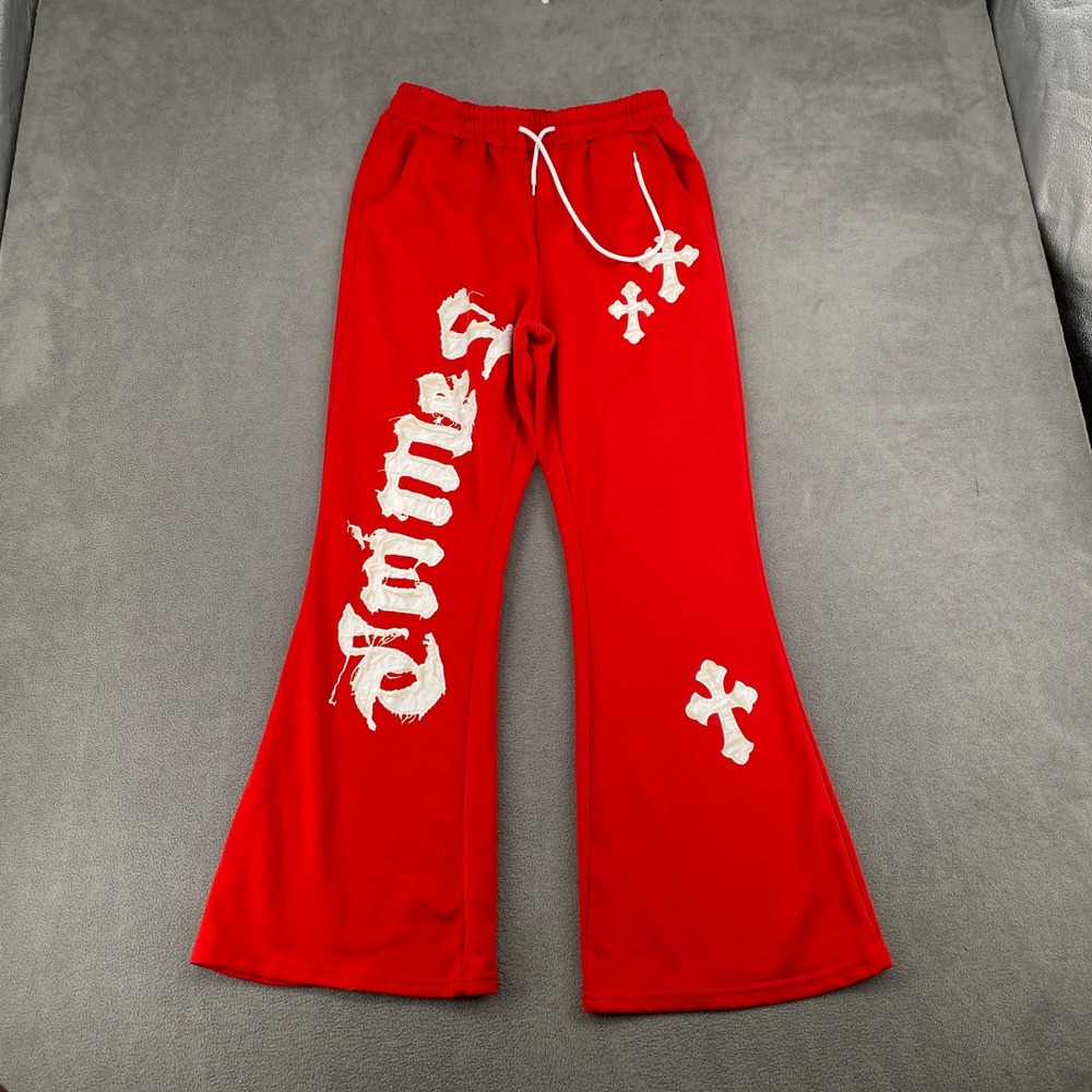 Manfinity Mens Red Y2K Flared Sweatpants Cross Graphic Distressed Small